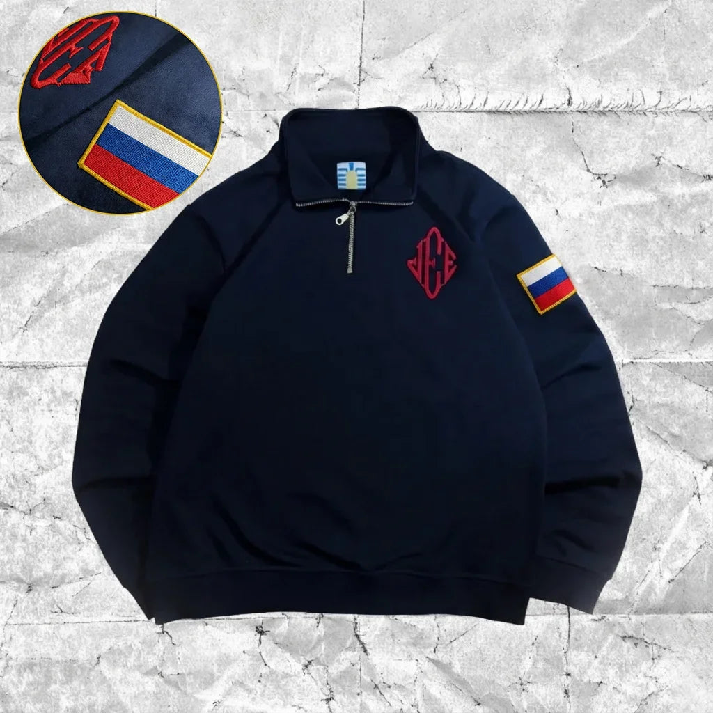 Y2K America Retro Embroidery Pullover White Quarterzip Stand Collar Polo Shirt Sweatshirt Casual Men Clotheing