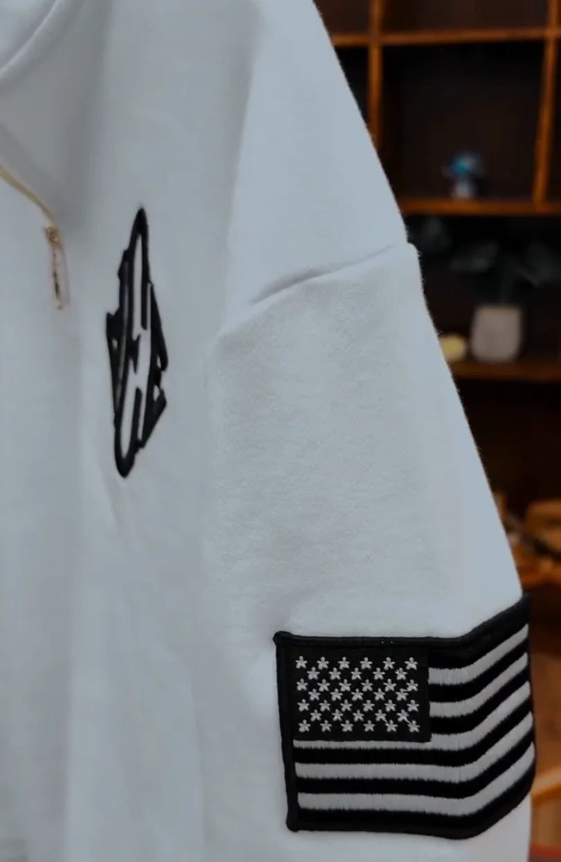 Y2K America Retro Embroidery Pullover White Quarterzip Stand Collar Polo Shirt Sweatshirt Casual Men Clotheing