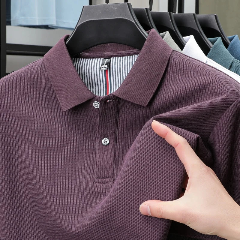 100% pure cotton short sleeved men's polo shirt summer boutique fashion high-quality top solid color collar back striped T-shirt