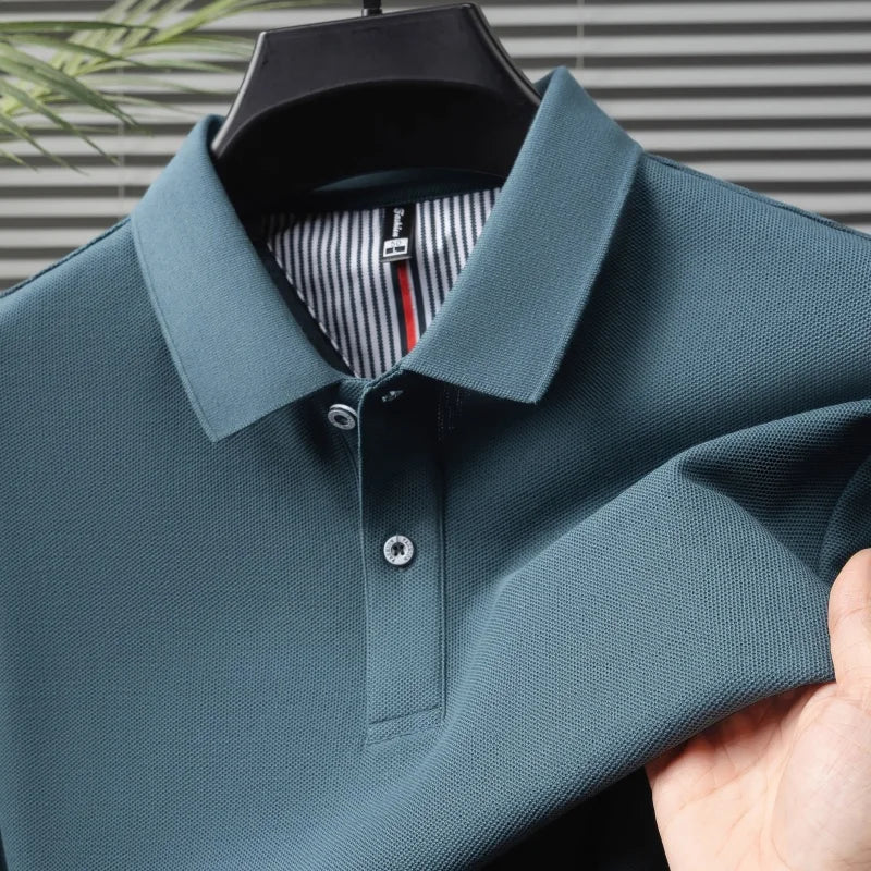 100% pure cotton short sleeved men's polo shirt summer boutique fashion high-quality top solid color collar back striped T-shirt