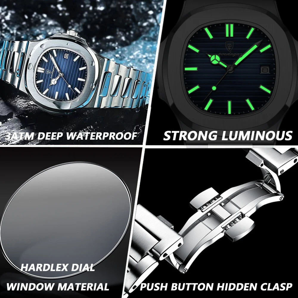 POEDAGAR Square Luxury Men Wristwatch Waterproof Luminous Date Stainless Steel Male Clock Business Sports Quartz Watches For Men