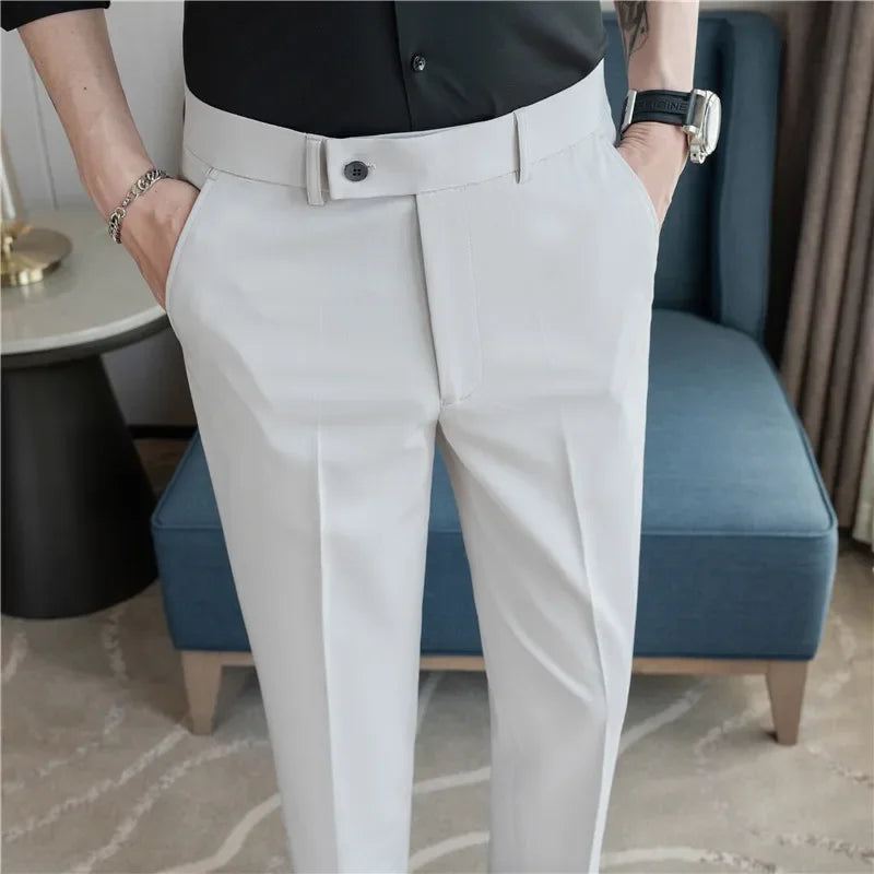 2025 Summer Thin White Elastic Nine Cent Suit Pants for Men,gray Blue Four-side Elastic Comfortable Drape Men's Casual Trousers