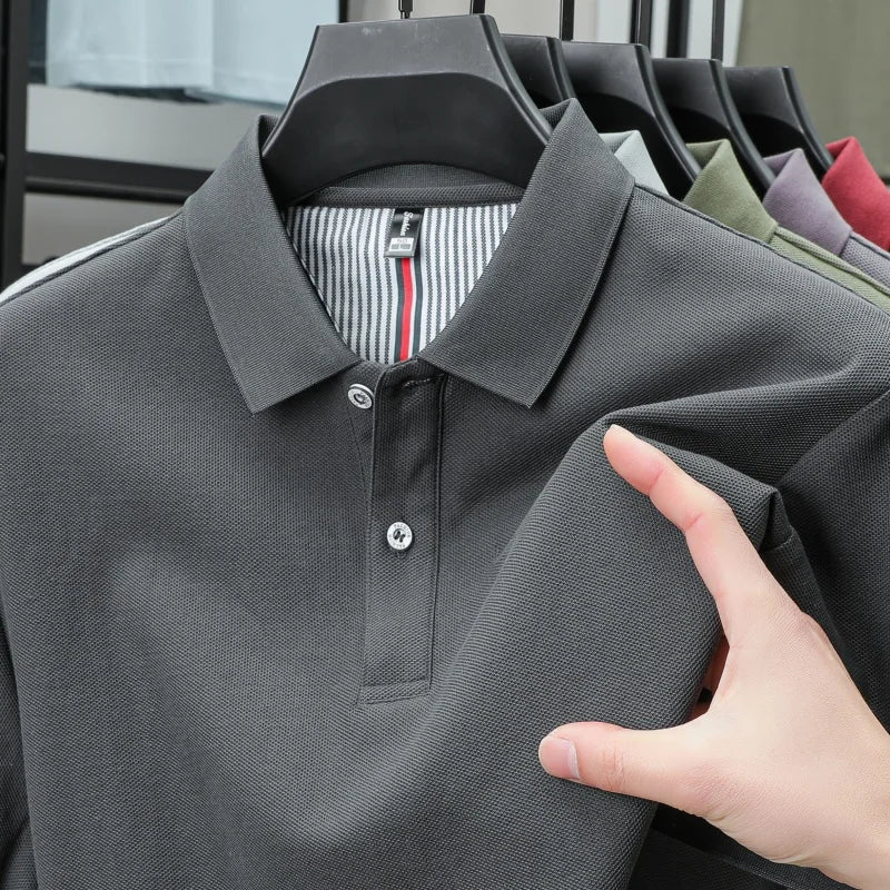 100% pure cotton short sleeved men's polo shirt summer boutique fashion high-quality top solid color collar back striped T-shirt