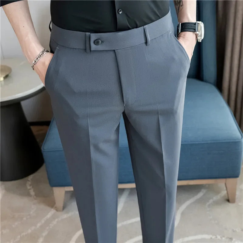 2025 Summer Thin White Elastic Nine Cent Suit Pants for Men,gray Blue Four-side Elastic Comfortable Drape Men's Casual Trousers