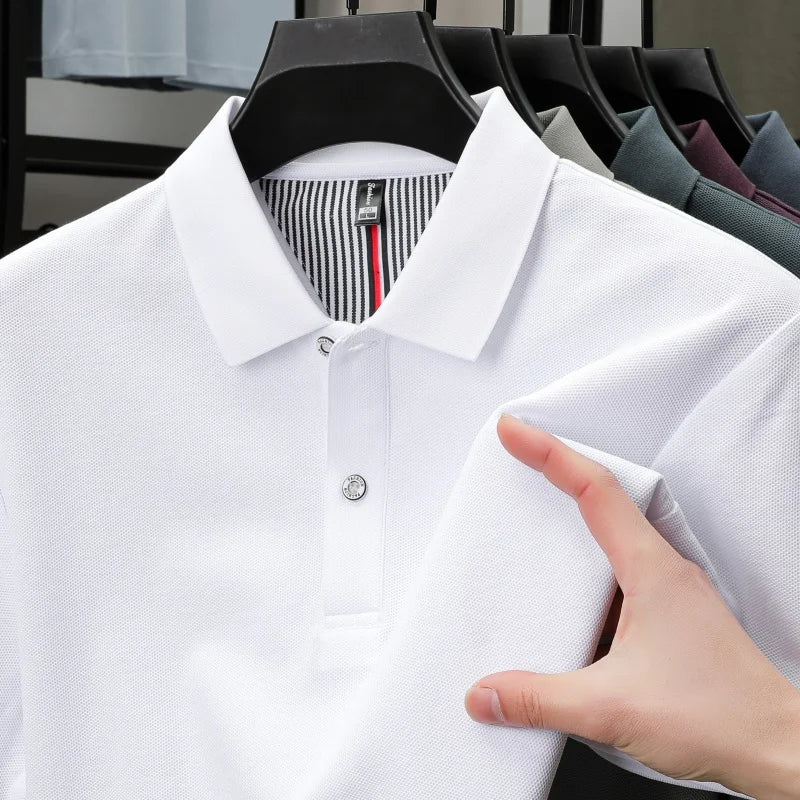 100% pure cotton short sleeved men's polo shirt summer boutique fashion high-quality top solid color collar back striped T-shirt
