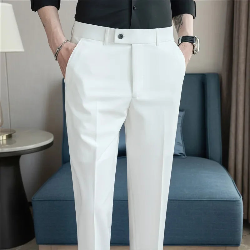 2025 Summer Thin White Elastic Nine Cent Suit Pants for Men,gray Blue Four-side Elastic Comfortable Drape Men's Casual Trousers