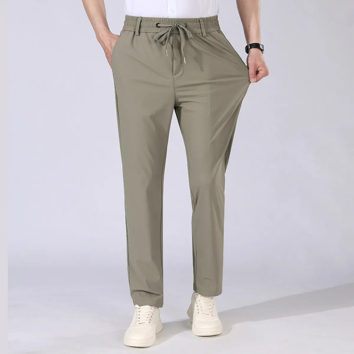 High Quality Mens Stretch Casual Pants Elastic Waist Sweatpants Ice Silky Comfortable Pants Wrinkle Resistant Running Slacks