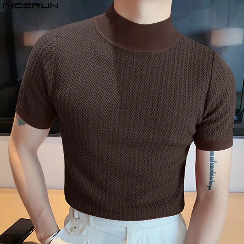 New Summer Fashion Tight T-shirt Casual Streetwear Textured High-neck Solid Color Short-sleeved Bottoming Tees Korean Style Tops