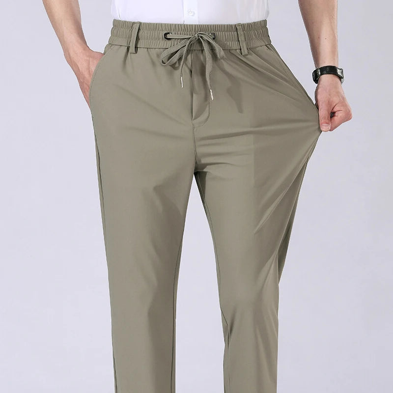 High Quality Mens Stretch Casual Pants Elastic Waist Sweatpants Ice Silky Comfortable Pants Wrinkle Resistant Running Slacks