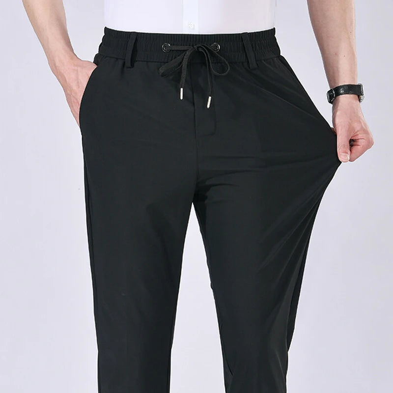High Quality Mens Stretch Casual Pants Elastic Waist Sweatpants Ice Silky Comfortable Pants Wrinkle Resistant Running Slacks