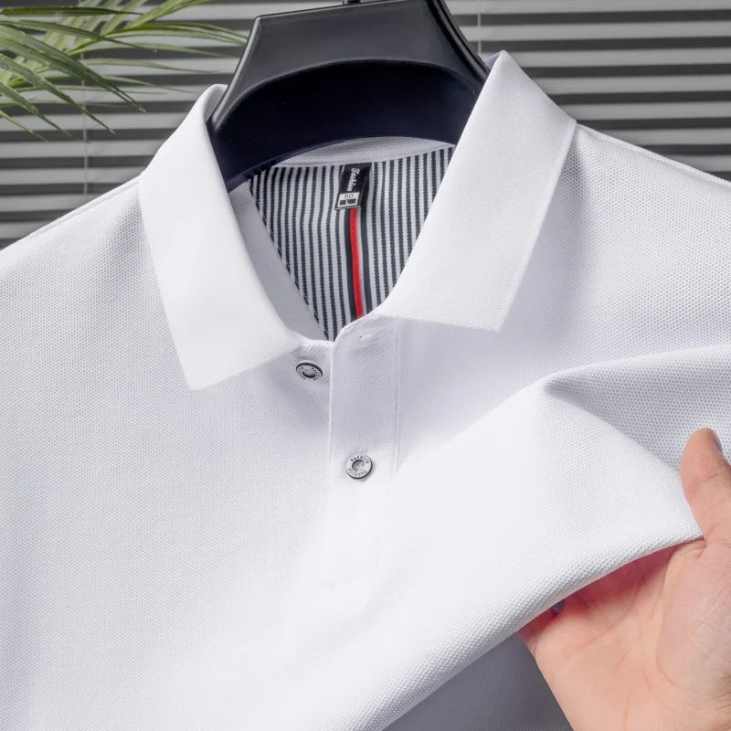 100% pure cotton short sleeved men's polo shirt summer boutique fashion high-quality top solid color collar back striped T-shirt