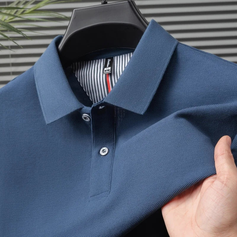 100% pure cotton short sleeved men's polo shirt summer boutique fashion high-quality top solid color collar back striped T-shirt