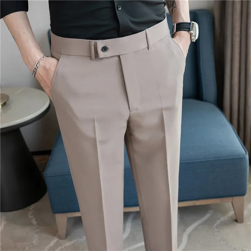 2025 Summer Thin White Elastic Nine Cent Suit Pants for Men,gray Blue Four-side Elastic Comfortable Drape Men's Casual Trousers