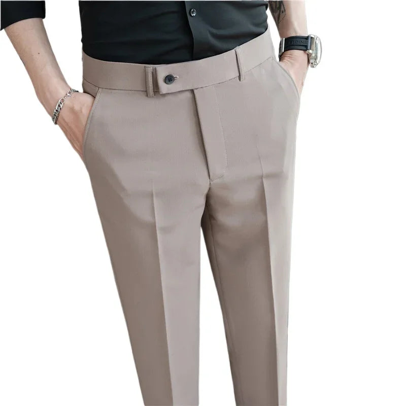 2025 Summer Thin White Elastic Nine Cent Suit Pants for Men,gray Blue Four-side Elastic Comfortable Drape Men's Casual Trousers