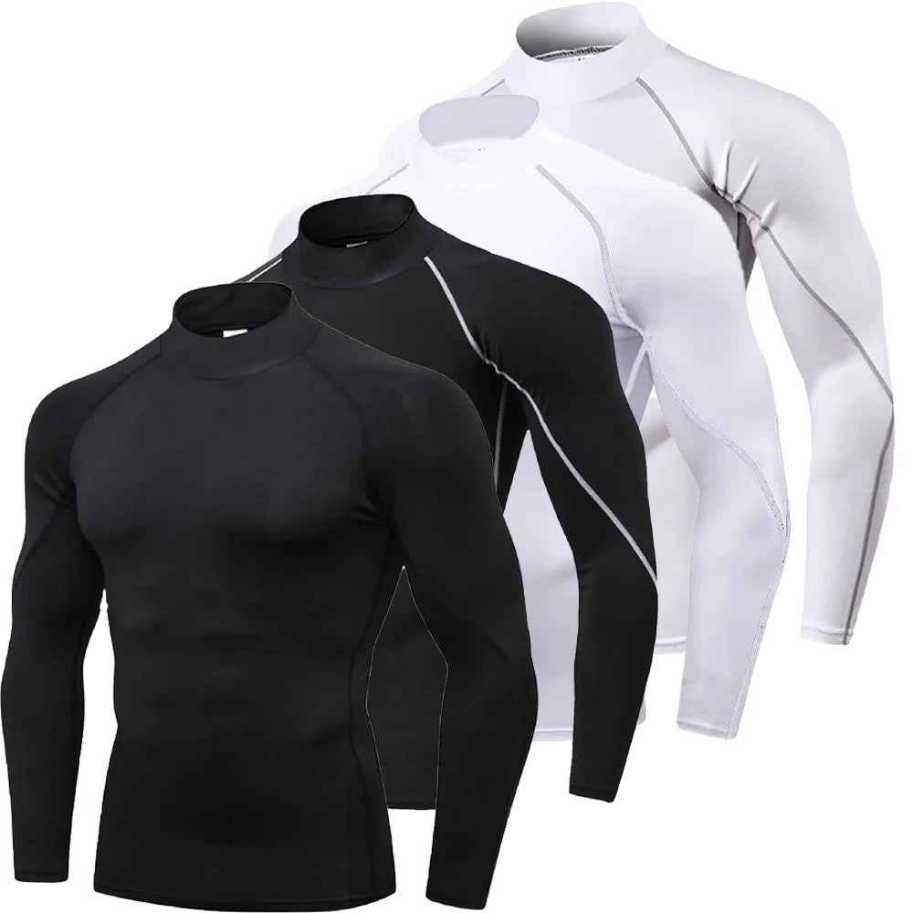 Men's Workout Compression Shirt Quick Dry Running T-shirt Turtleneck Long Sleeve Rash Guard Gym Base Layer Athletic Undershirt