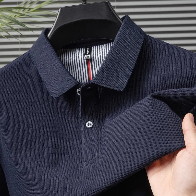 100% pure cotton short sleeved men's polo shirt summer boutique fashion high-quality top solid color collar back striped T-shirt