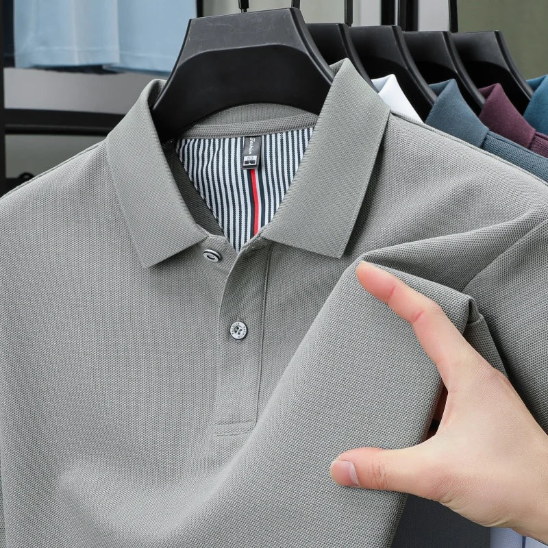 100% pure cotton short sleeved men's polo shirt summer boutique fashion high-quality top solid color collar back striped T-shirt