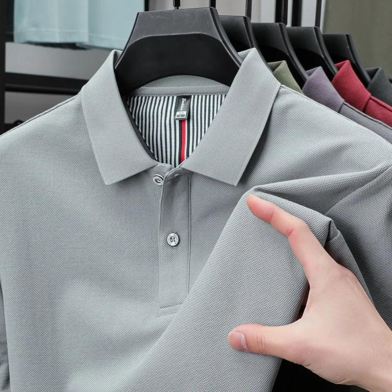 100% pure cotton short sleeved men's polo shirt summer boutique fashion high-quality top solid color collar back striped T-shirt