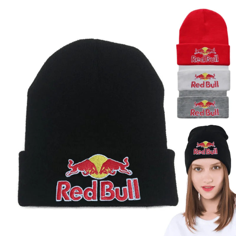 Embroidered Red Bull Knitted hat Beanie Winter Hat Unisex Warm Cap for Men And Women Red Bull Unclimbed Urine Hat