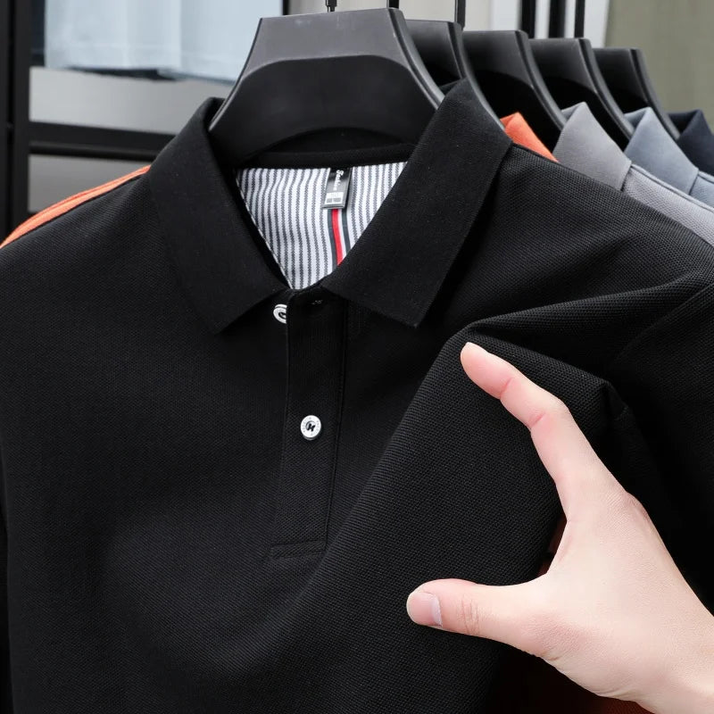 100% pure cotton short sleeved men's polo shirt summer boutique fashion high-quality top solid color collar back striped T-shirt