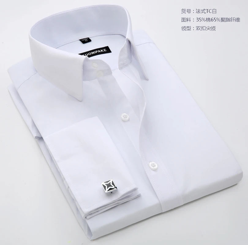 Men's French cufflinks shirt, men's slim fit long sleeved business sleeve nail free business formal men's solid color shirt