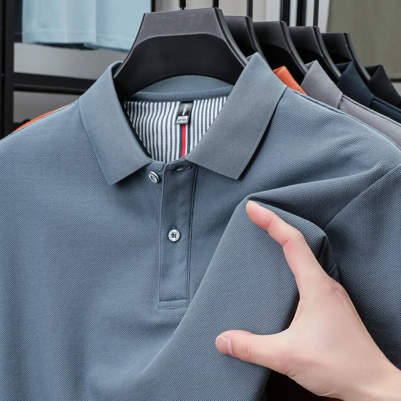 100% pure cotton short sleeved men's polo shirt summer boutique fashion high-quality top solid color collar back striped T-shirt